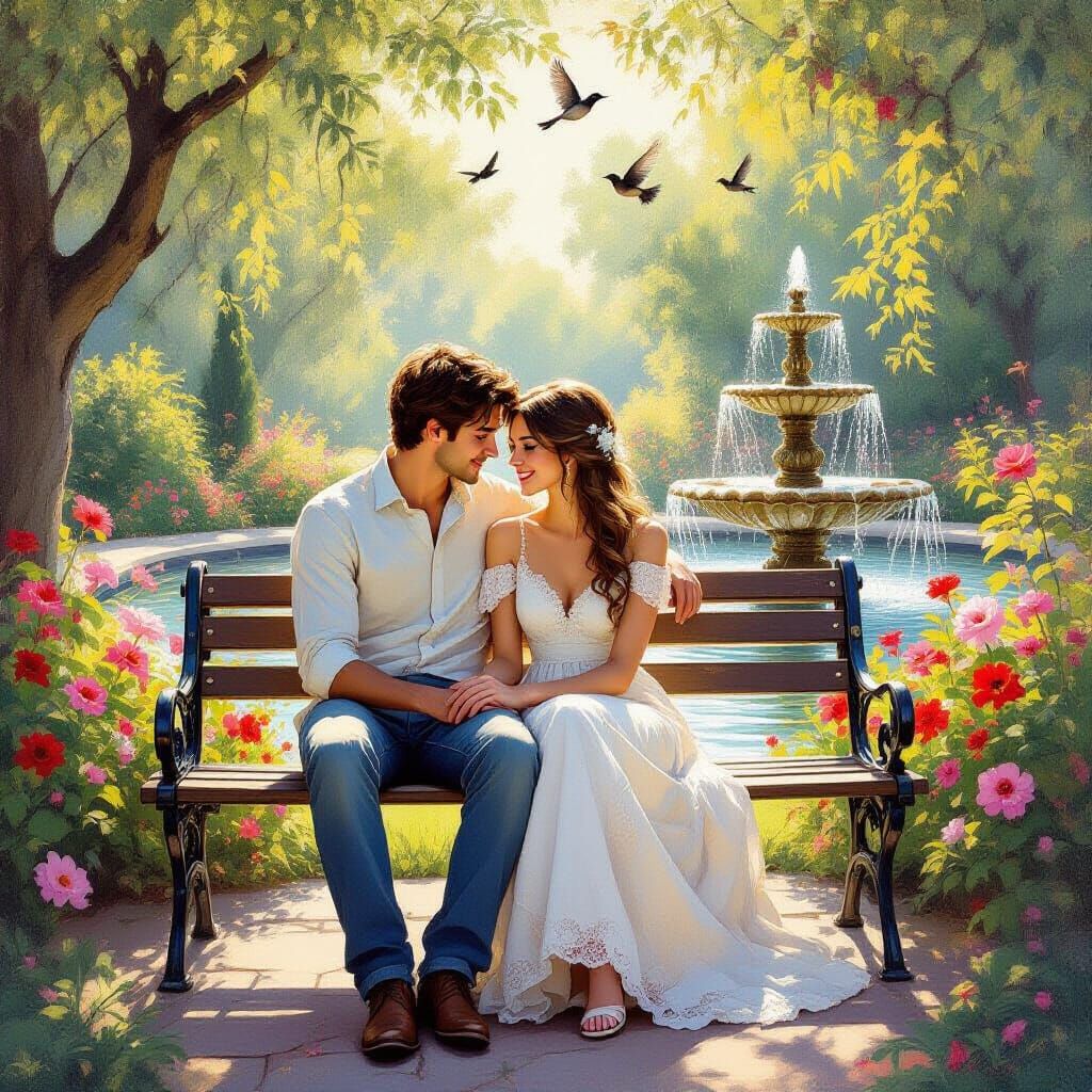 Romantic Couple in Sunlit Garden, Oil Painting
