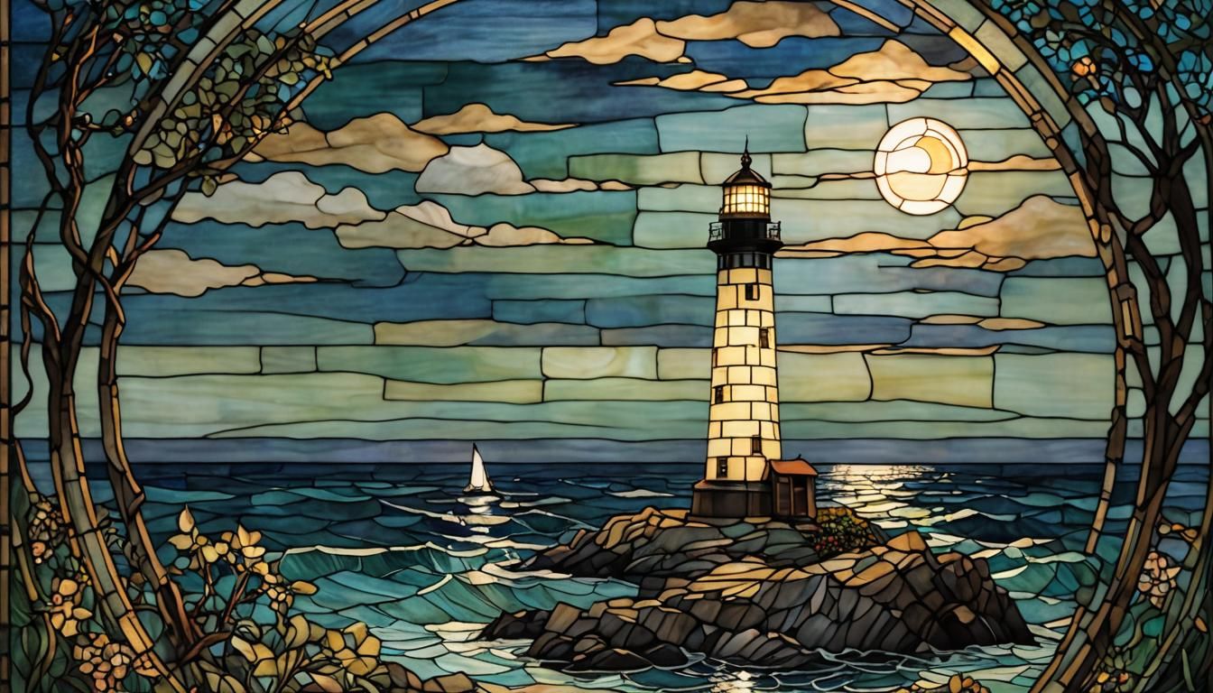 Lighthouse at Night in Stained Glass Style