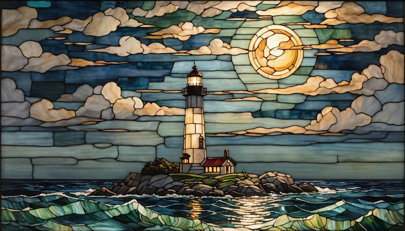 Lighthouse at Night in Stained Glass Style