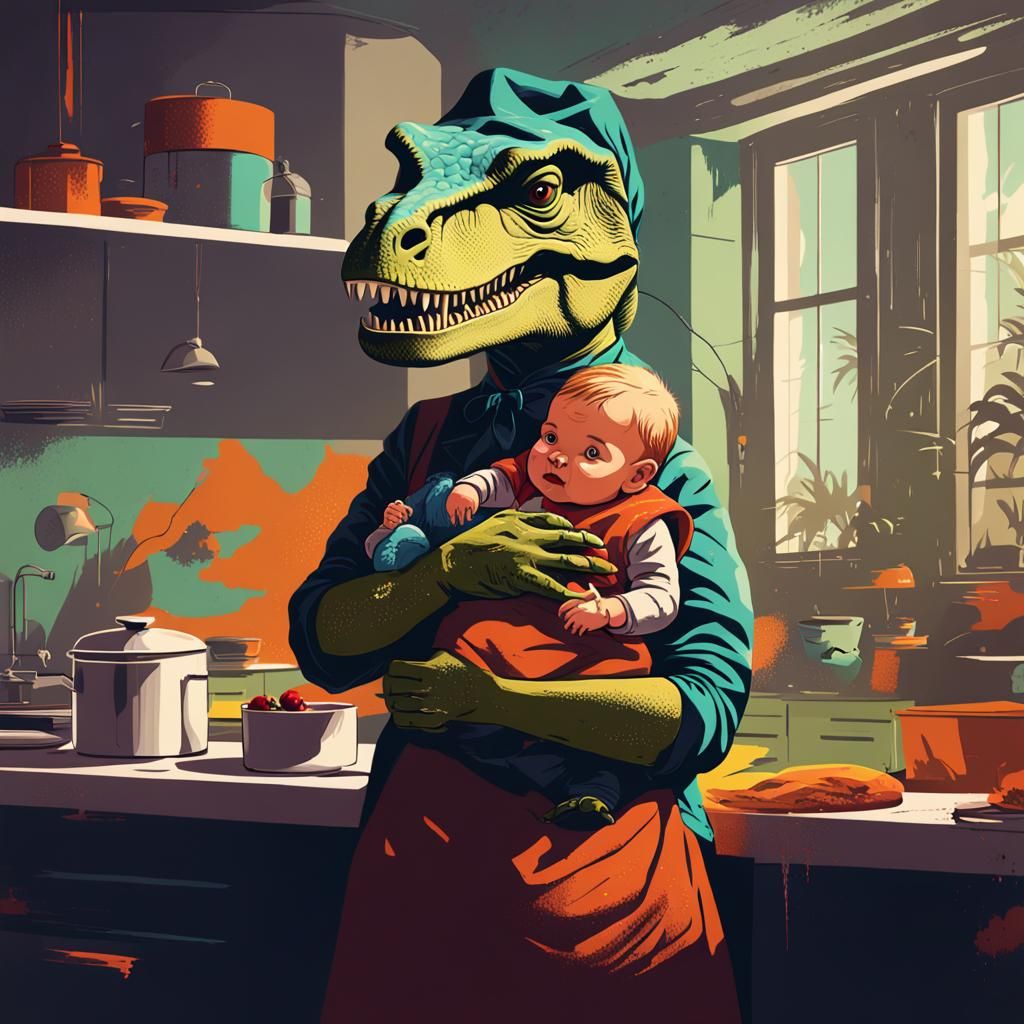 Domestic Dinosaur Housewife in Pop Art Style