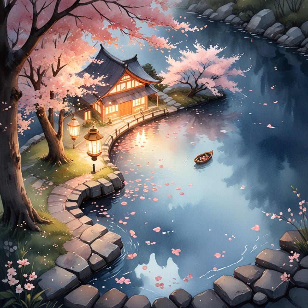 Dreamy Watercolor Japanese Village with Teddy Bears