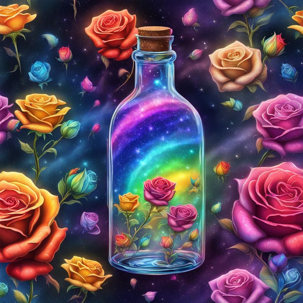 Rainbow Roses in Glass Bottle: Cosmic Illustration