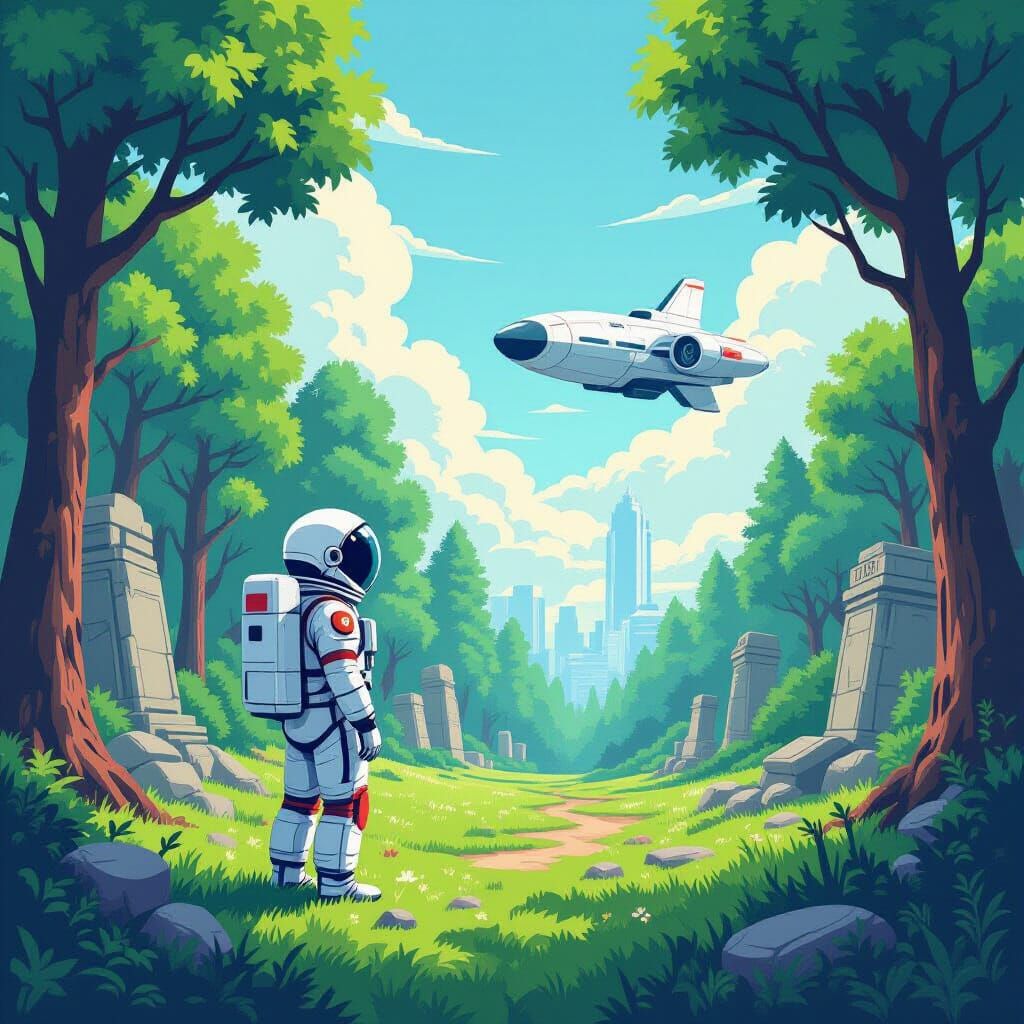 Astronaut and Spaceship in Pixel Art Forest