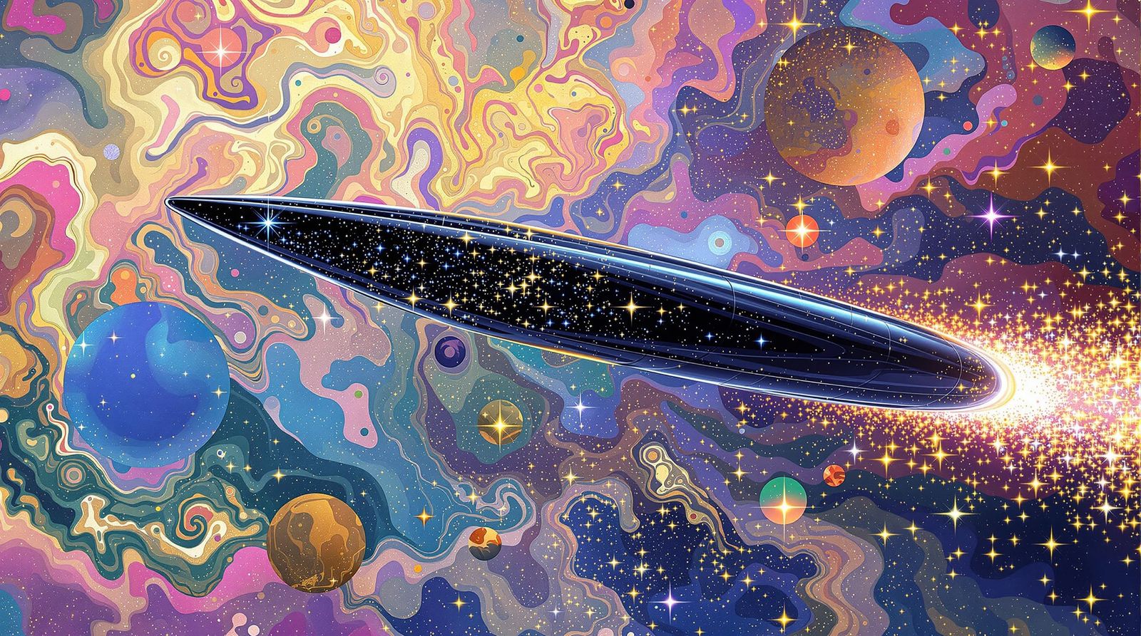 Klimt-Inspired Sci-Fi Cylinder in Psychedelic Nebula