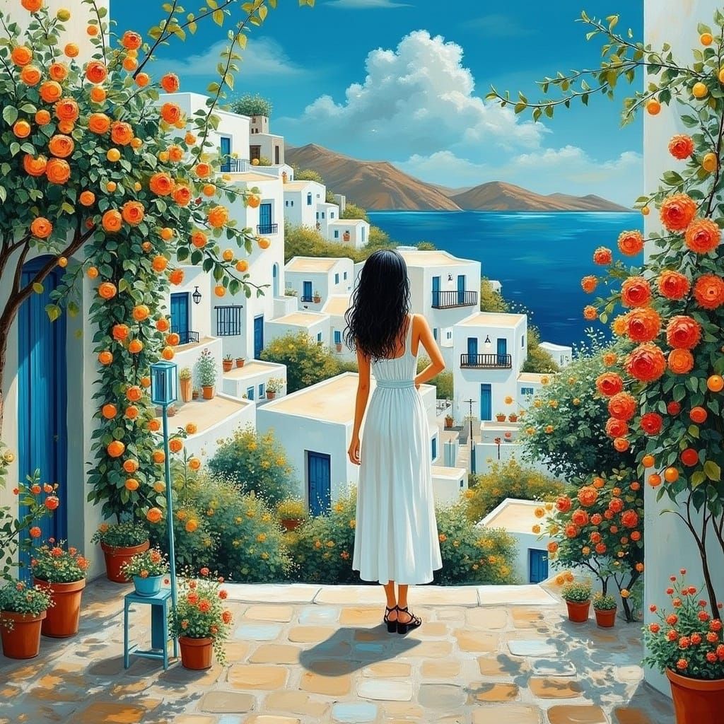 Impasto Village Scene with Elegant Woman