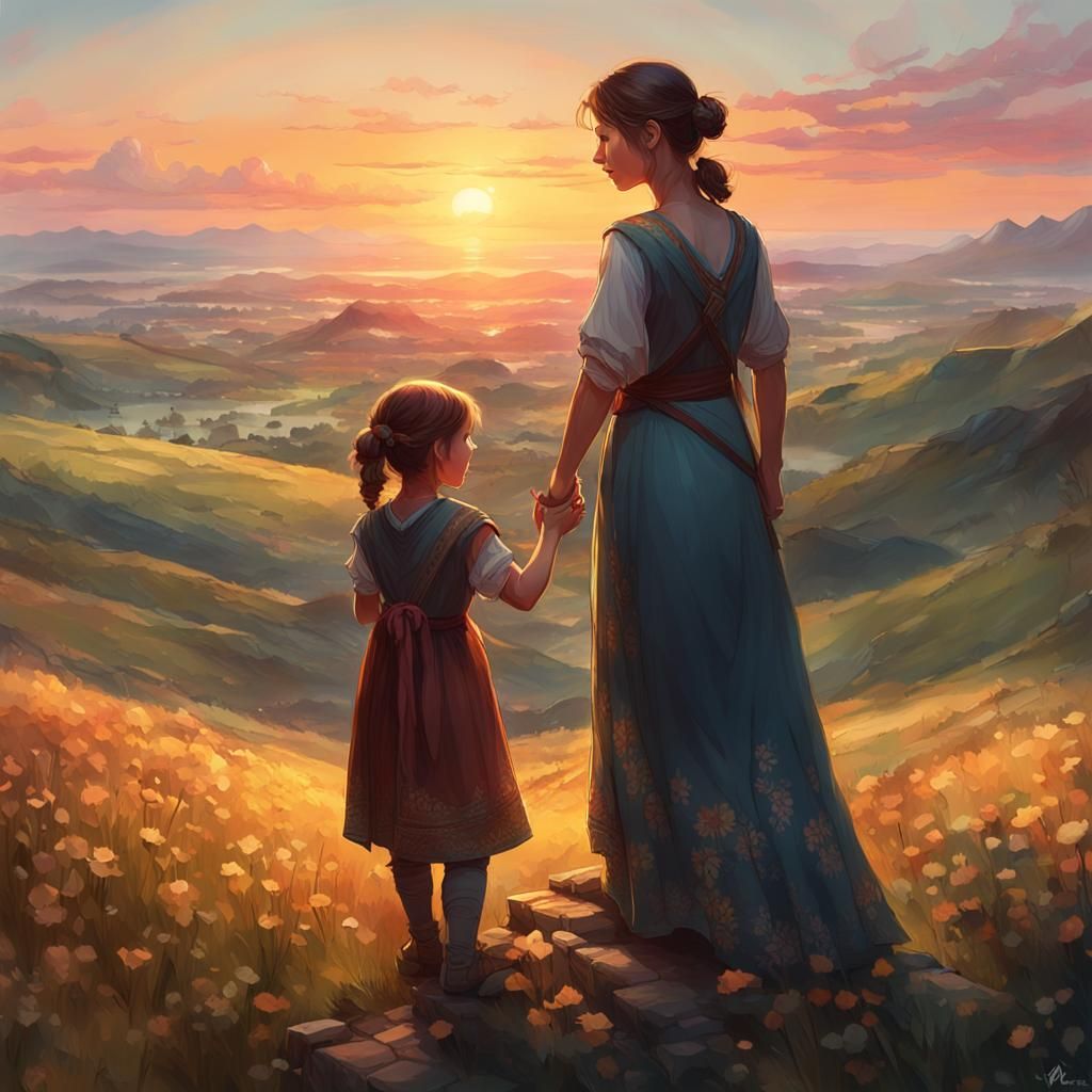 Mother and Daughter Watching Sunset, Digital Art