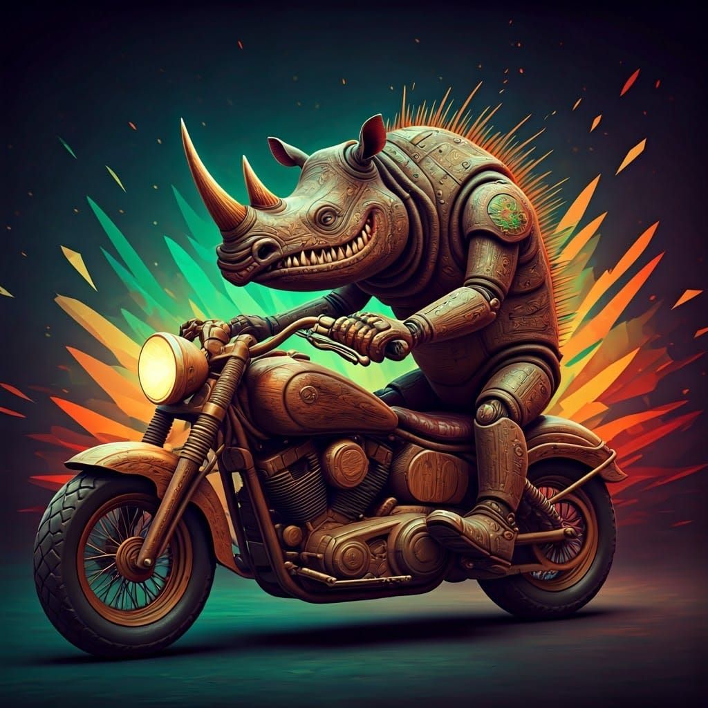 Robotic Rhino Rides Wooden Motorcycle in Burton Style