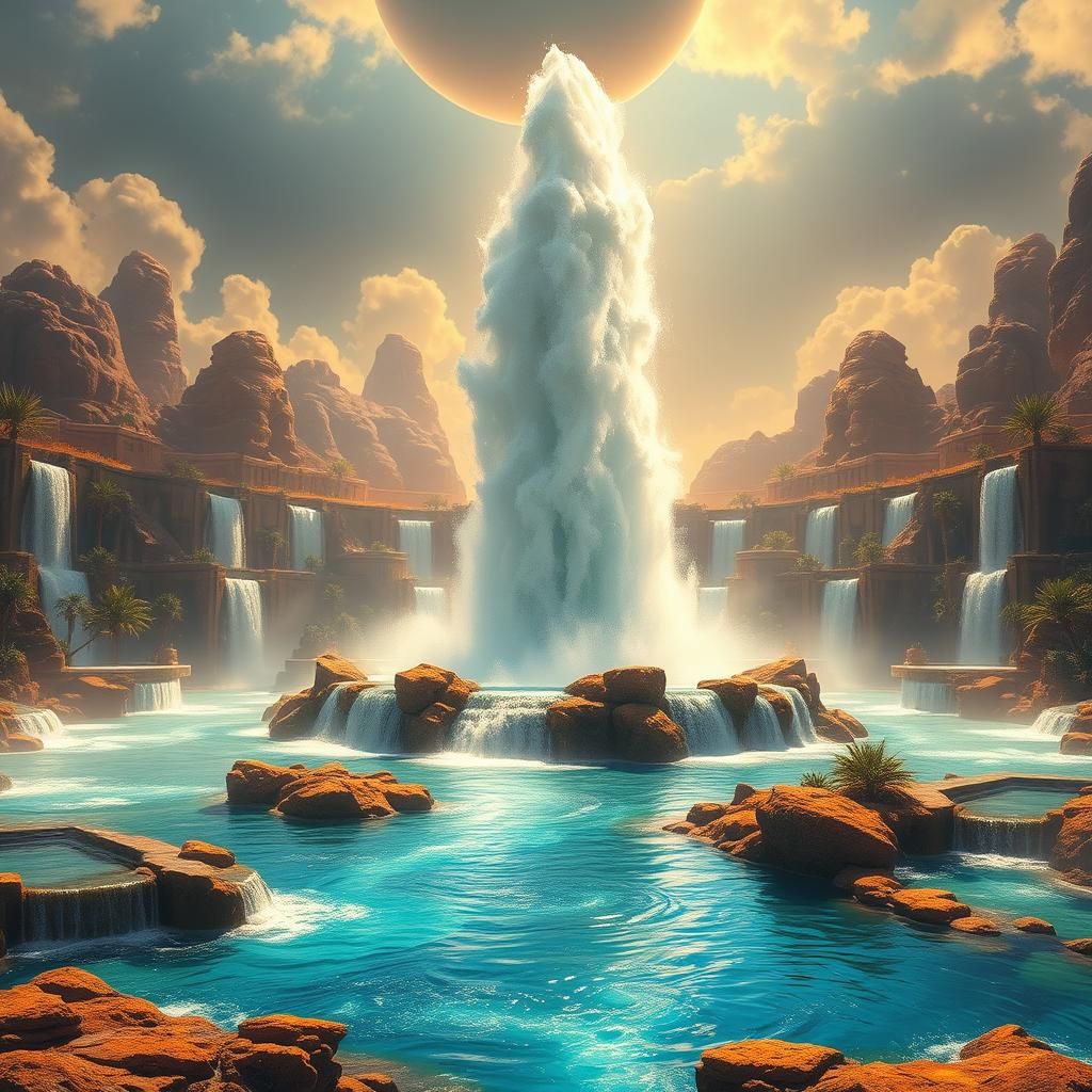 Majestic Geyser Eruption in Fantasy Oasis