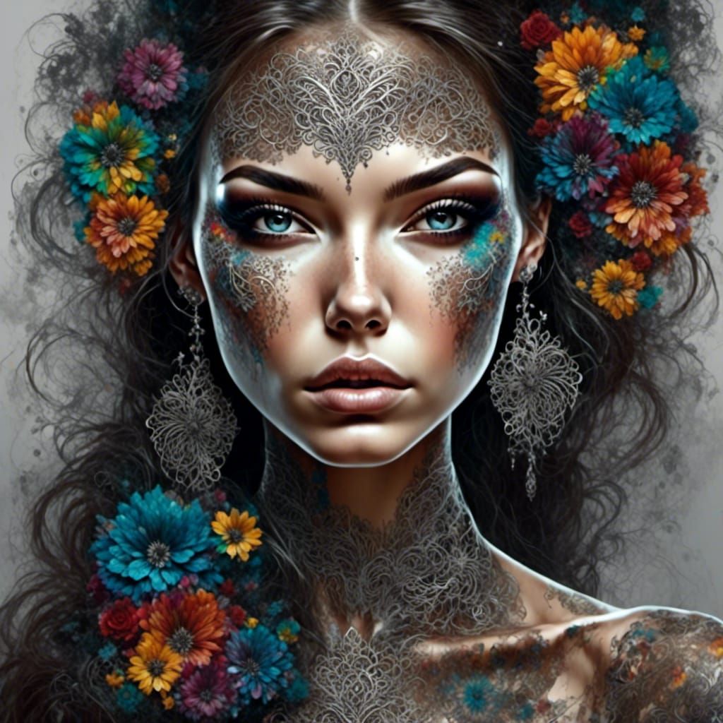 Gothic Woman with Rainbow Lace Flowers