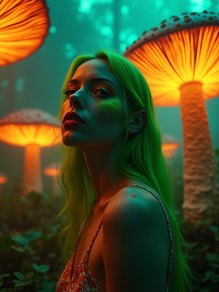 Neon Woman in Fungi Forest: Hyperrealistic Surreal Portrait
