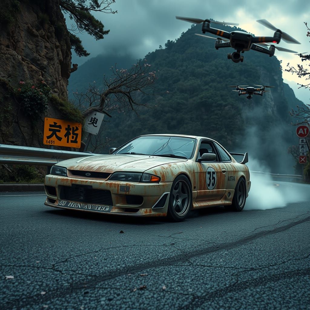 Cyberpunk Drift Scene on Abandoned Mountain Pass