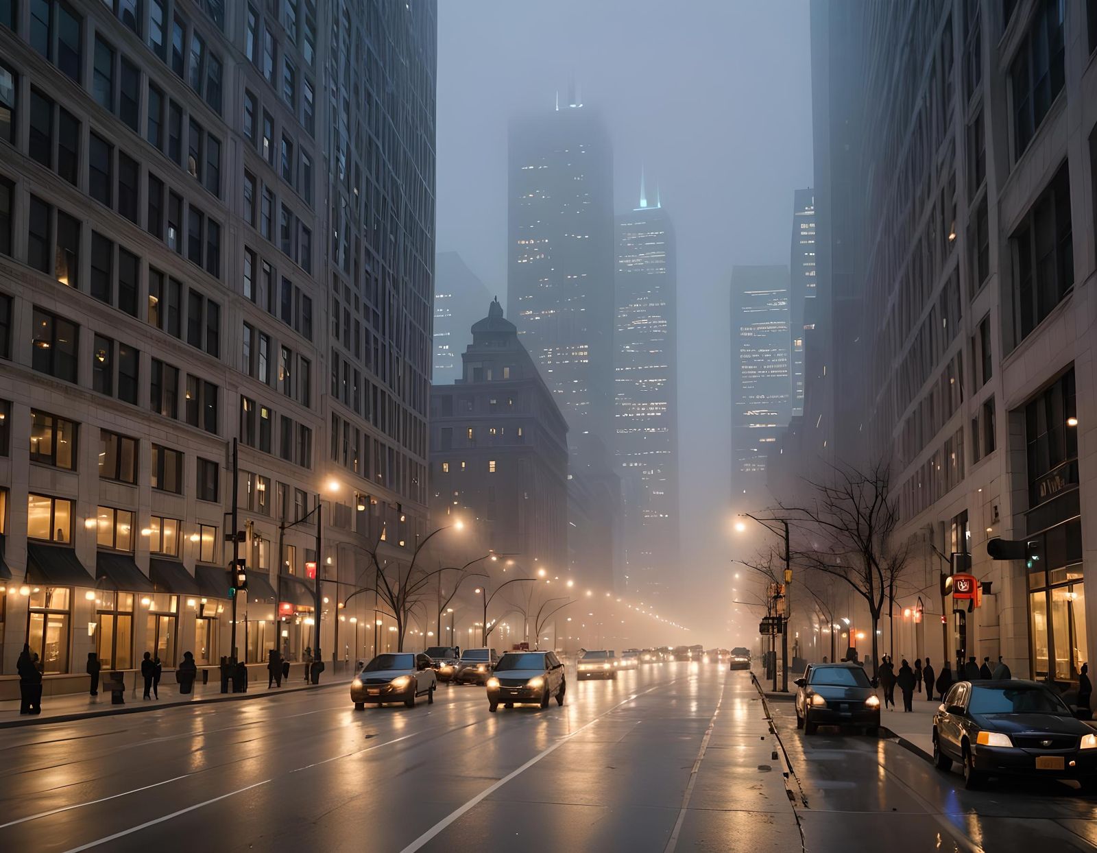 Chicago's Upper Wacker Drive in Atmospheric Mist