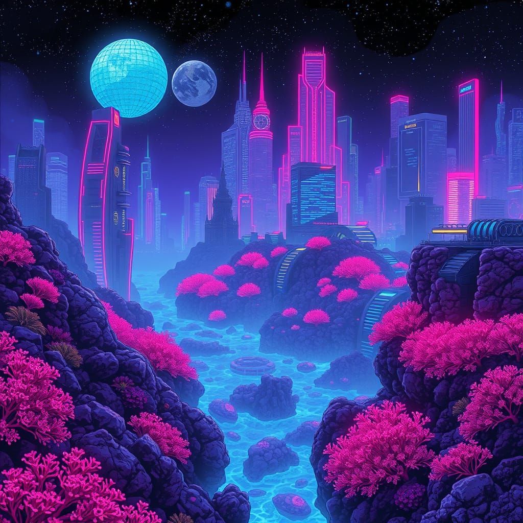 Cyberpunk Coral City with Bioluminescent Glow in Pixel Art S...