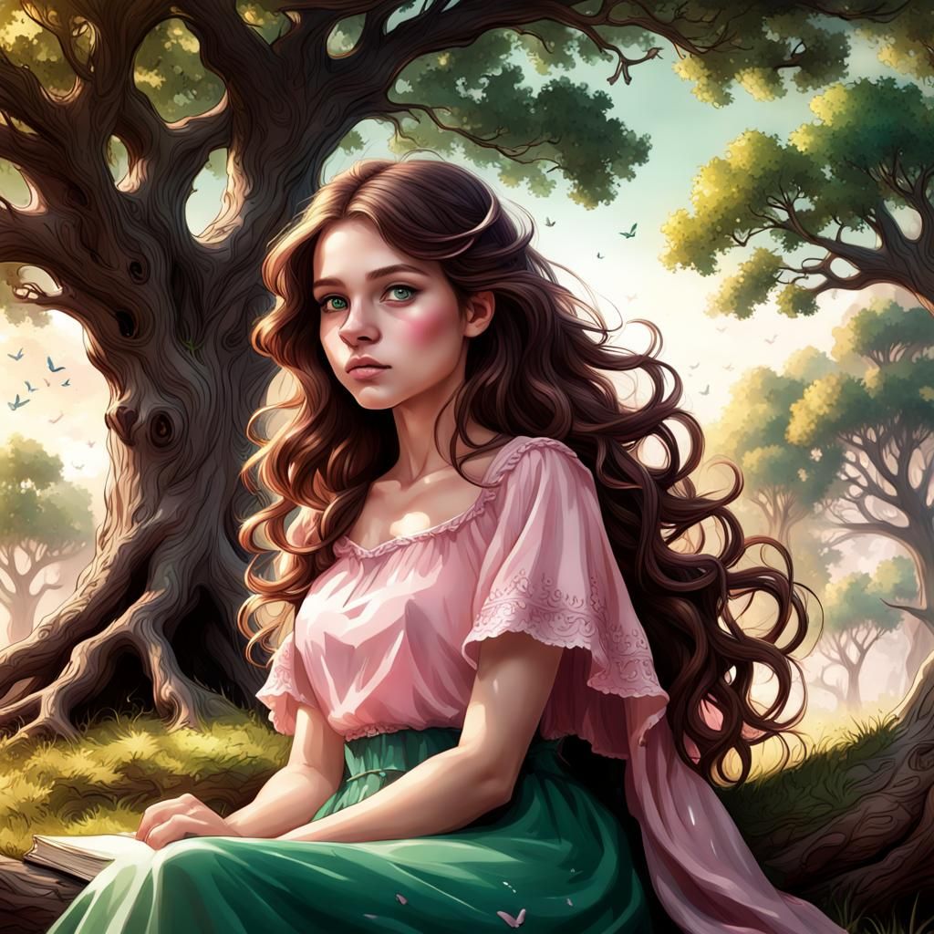Girl Sketching Under Oak Tree: Fantasy Concept Art