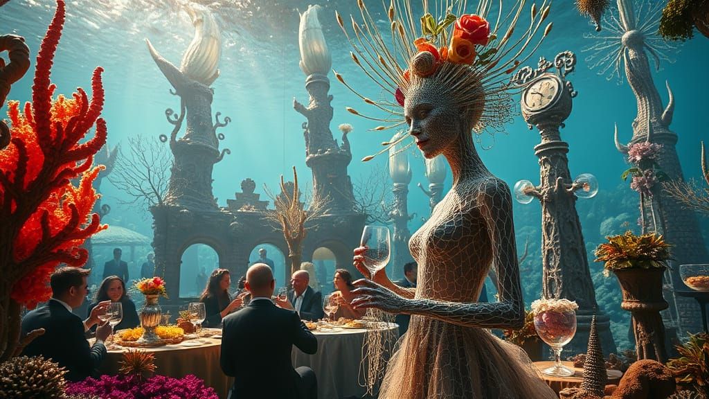 Surreal Underwater Garden Party with Whimsical Creatures