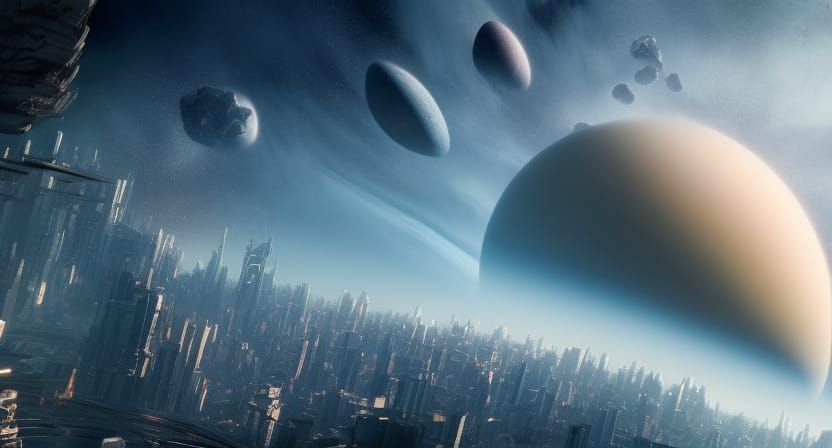 Epic City Orbiting Saturn in Cinematic Style