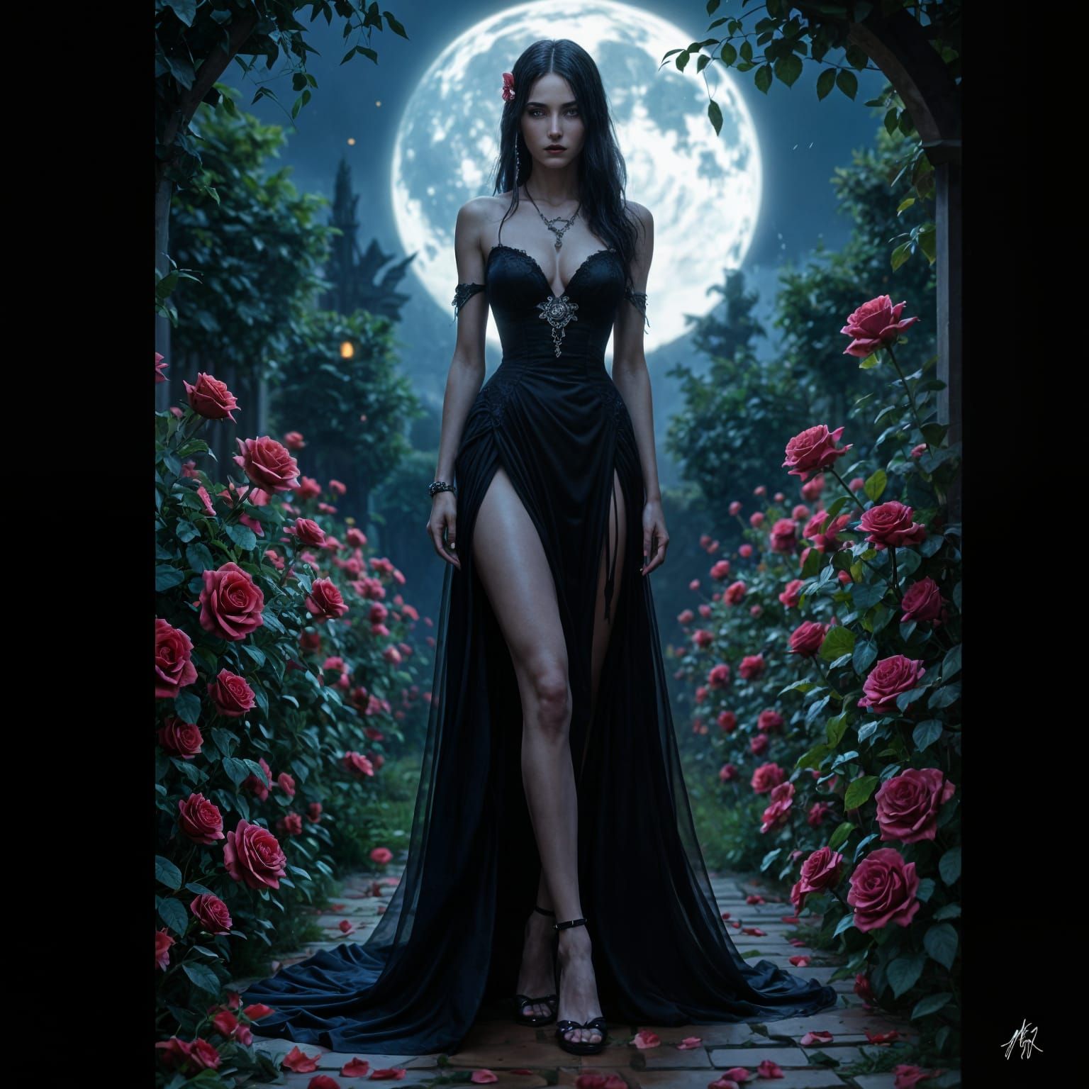 Gothic Beauty in Midnight Rose Garden: Fantasy Art
