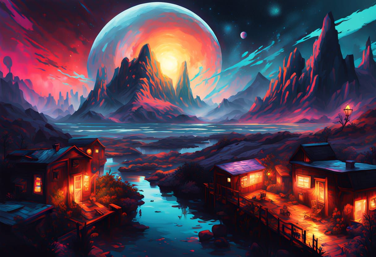 Surreal Alien Seascape at Dusk in Vibrant Graffiti Style