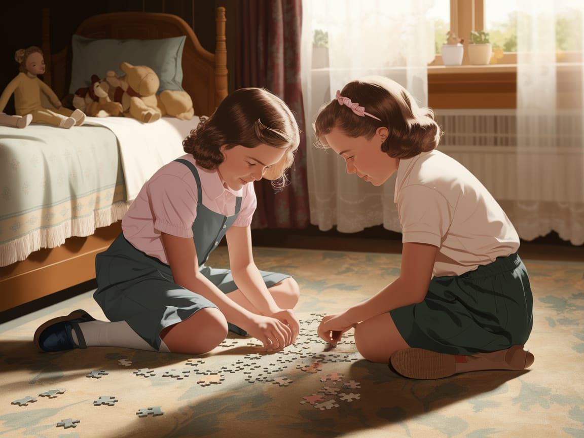 Girls in 1950s Era Puzzling Together in Cozy Room