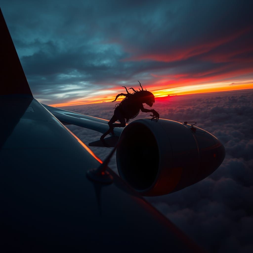 Mysterious Jet Engine Silhouette with Twisted Monster