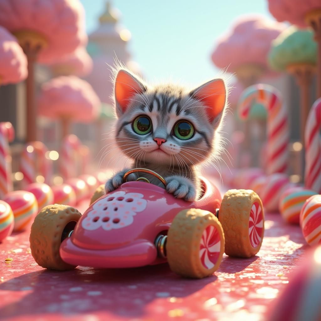 a cute silver fur kitten sitting in a race cart