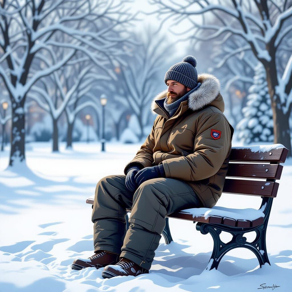 Man in Snowy Park, Digital Painting
