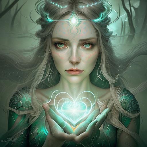 A woman's introspective face with gentle features, surrounded by soft, ethereal light, her eyes closed as if in contempl...