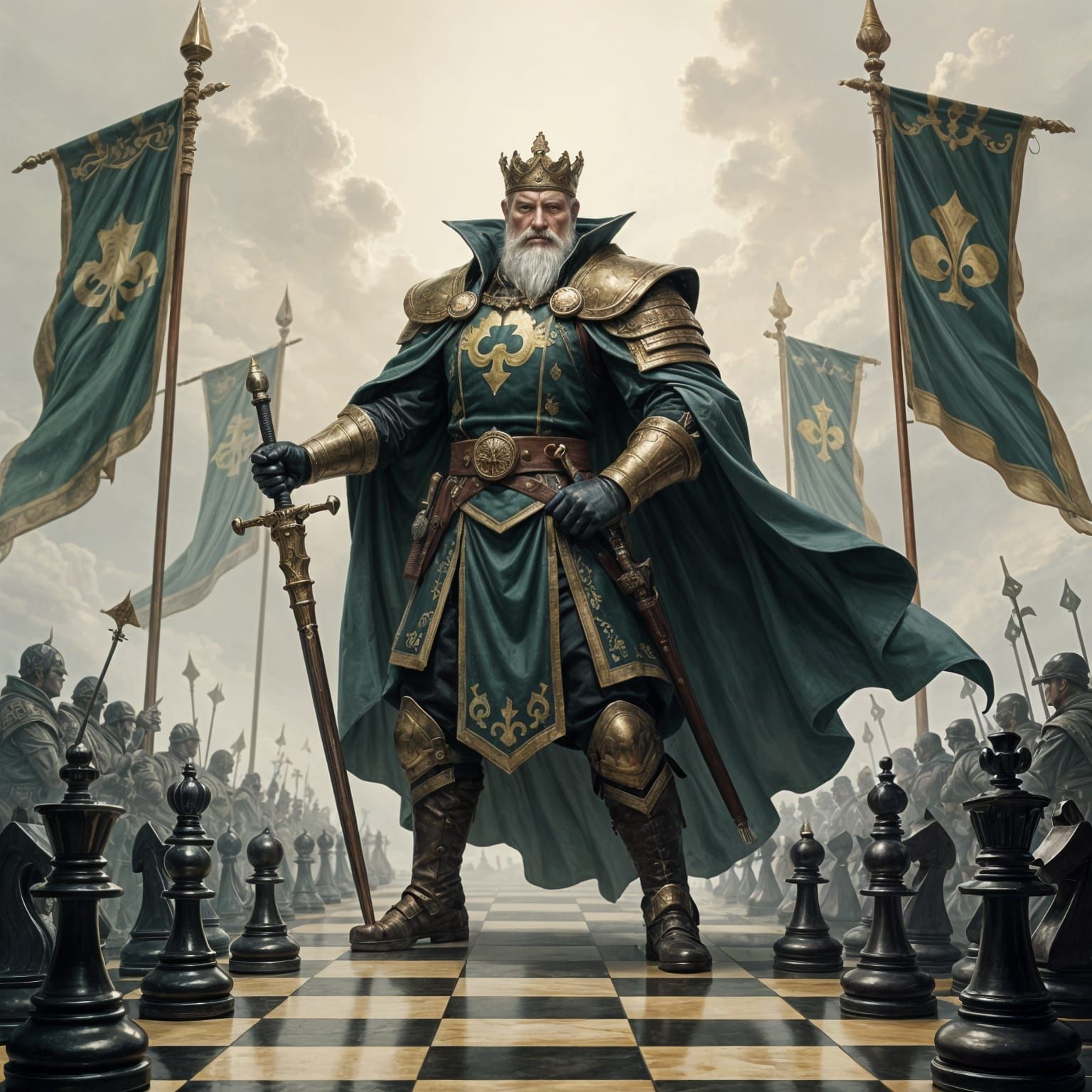 King of Clubs as Military Strategist on Chessboard Battlefie...