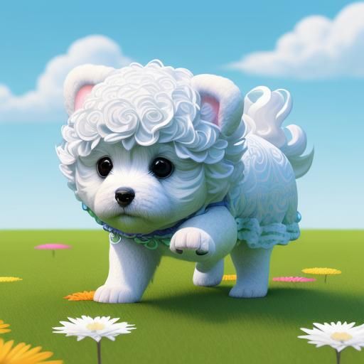 Fluffy Puppy Hovering Over Flowers in Digital Art