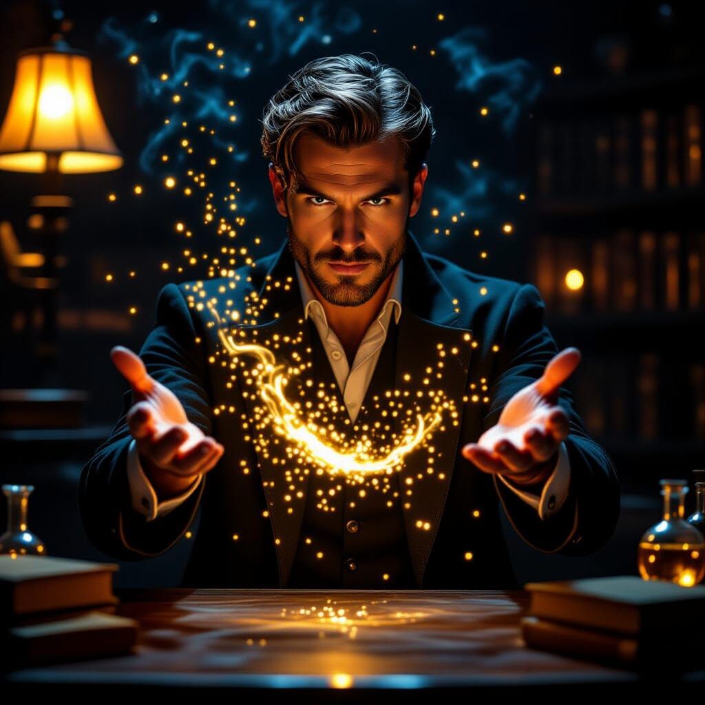 Magician Conjures Golden Light in Dark Room