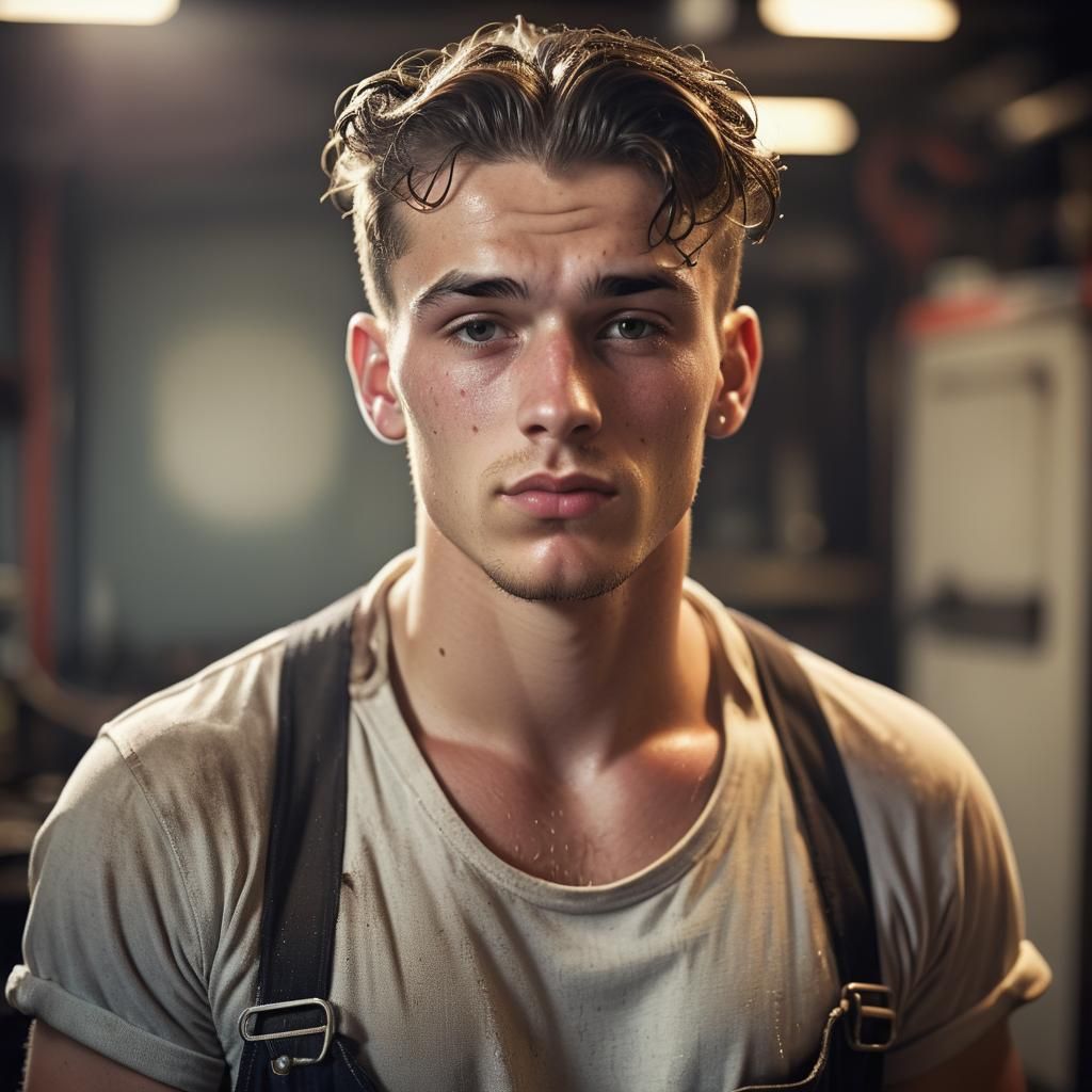 Sweat-Drenched Mechanic: High-Fashion Portrait in Workshop