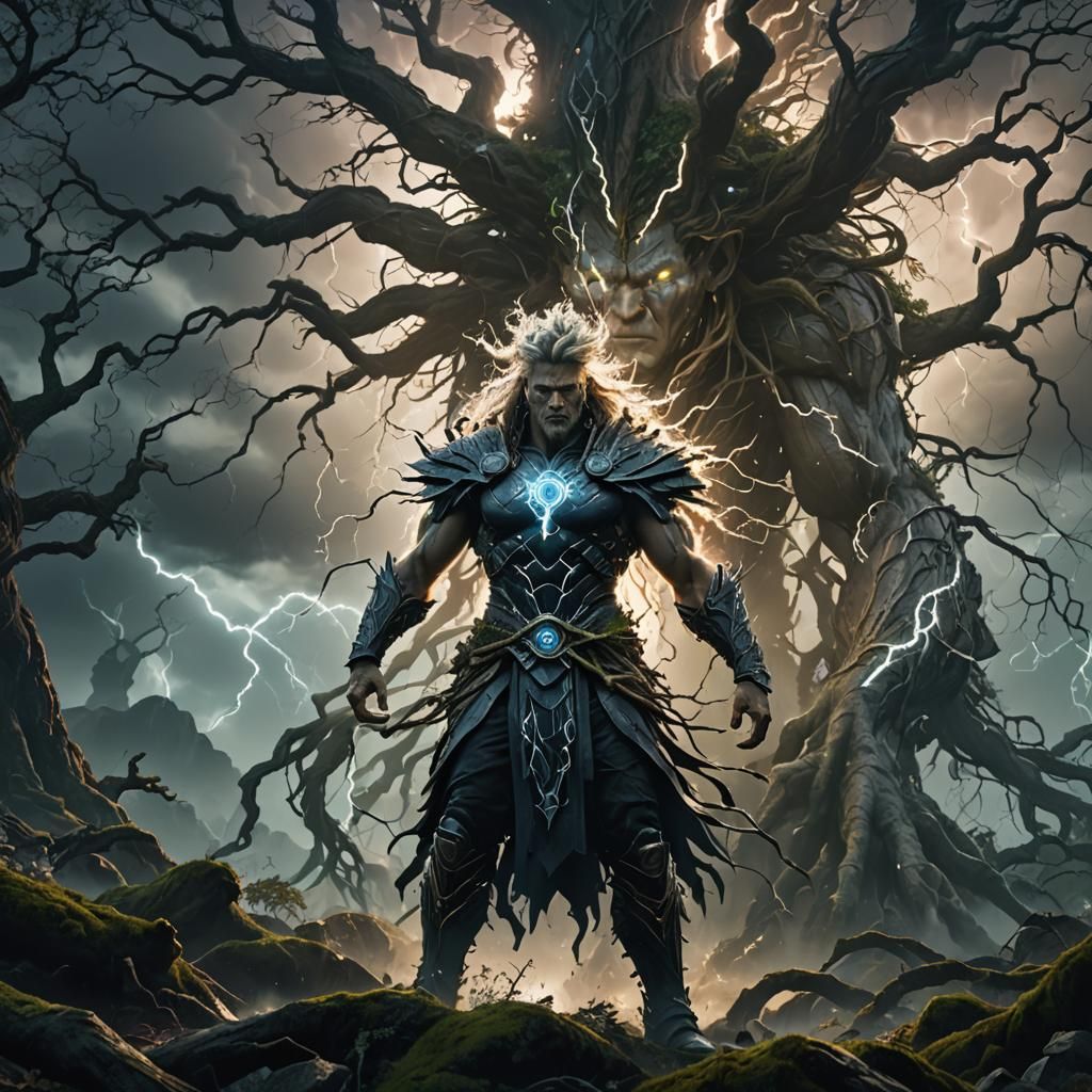 Thunder Humanoid in Mystical Forest, Digital Art