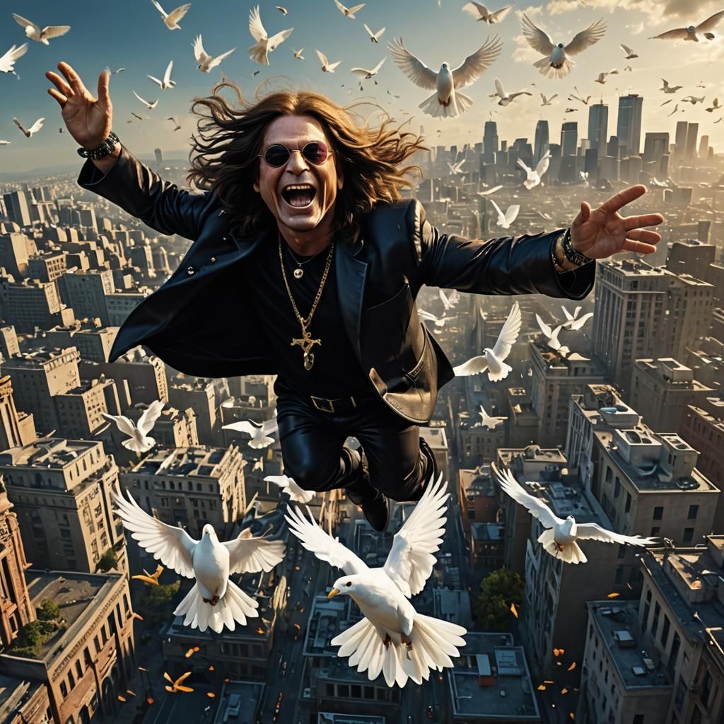 Ozzy Osbourne Soars Above City, Chasing Doves
