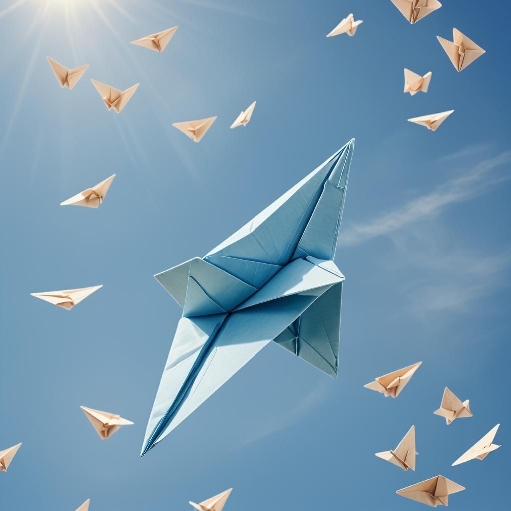 Origami Airplane Flies in Blue Sky: Digital Art
