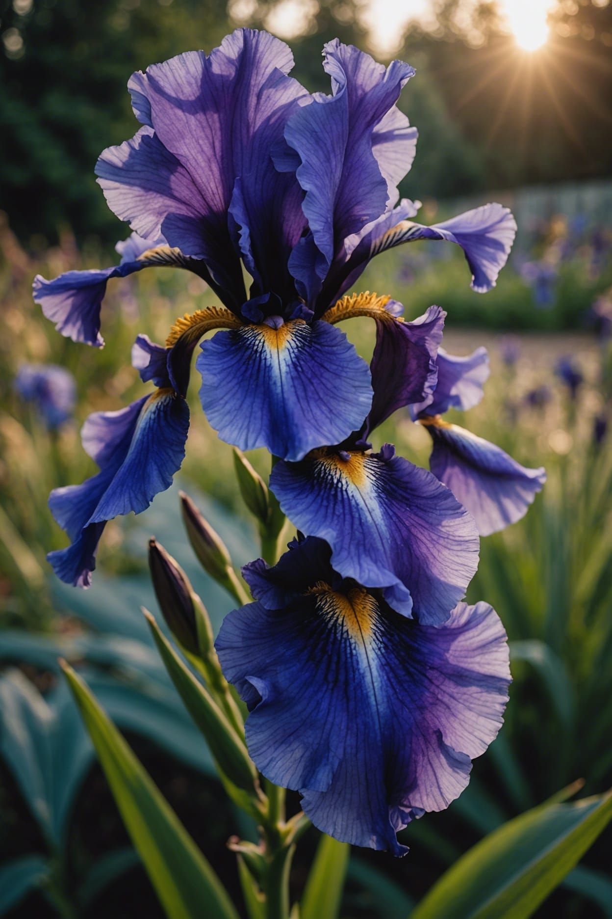 Dawn's warm glow hilights a purple iris flower in a countrys...