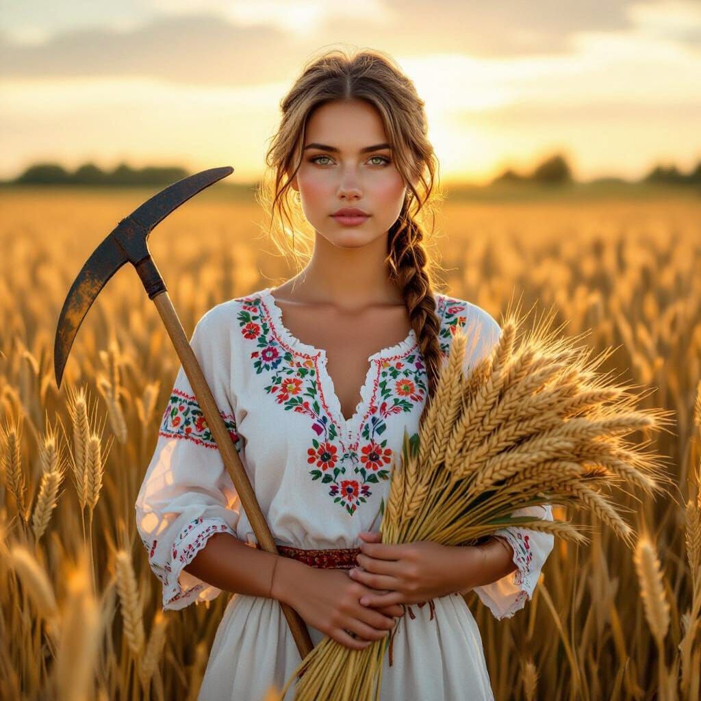 Ukrainian Woman in Wheat Field at Golden Hour