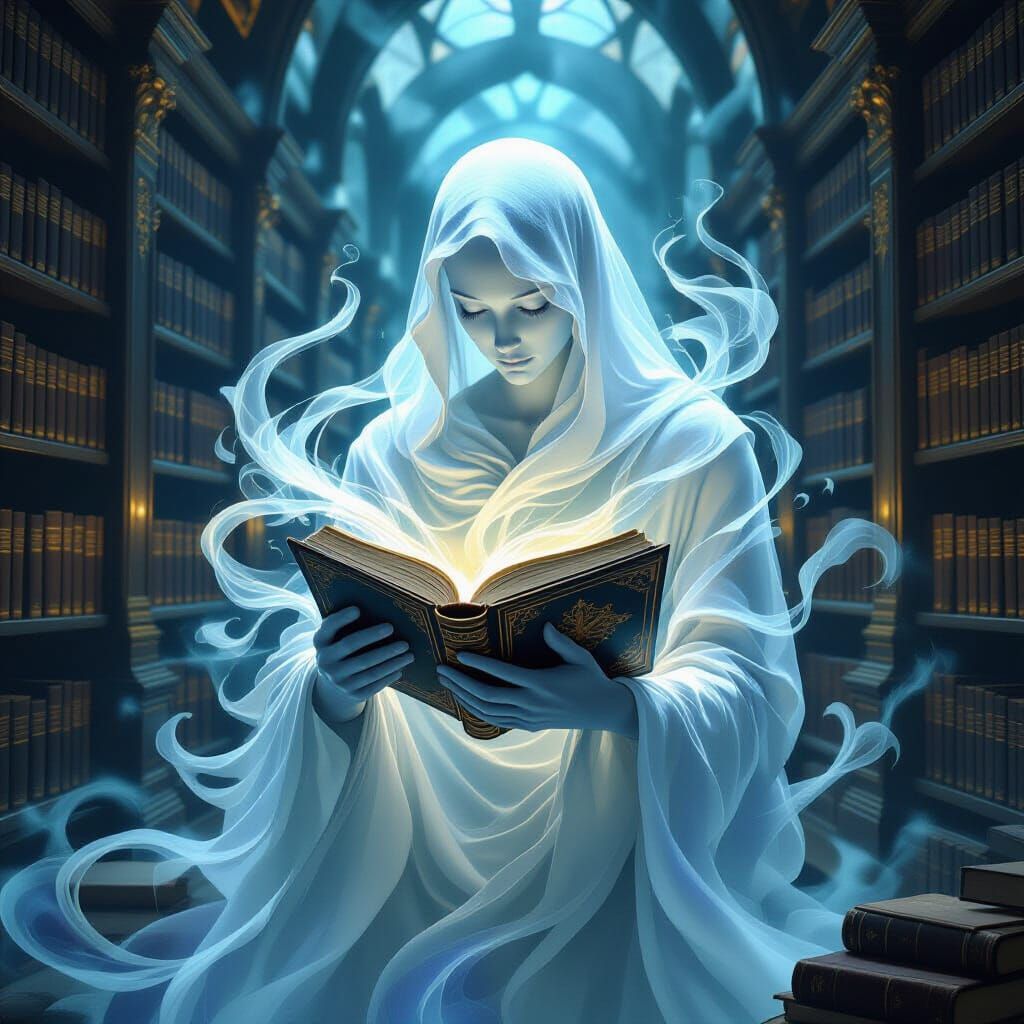 Ethereal Mist Spirit Cradles Ancient Book in Mystical Librar...