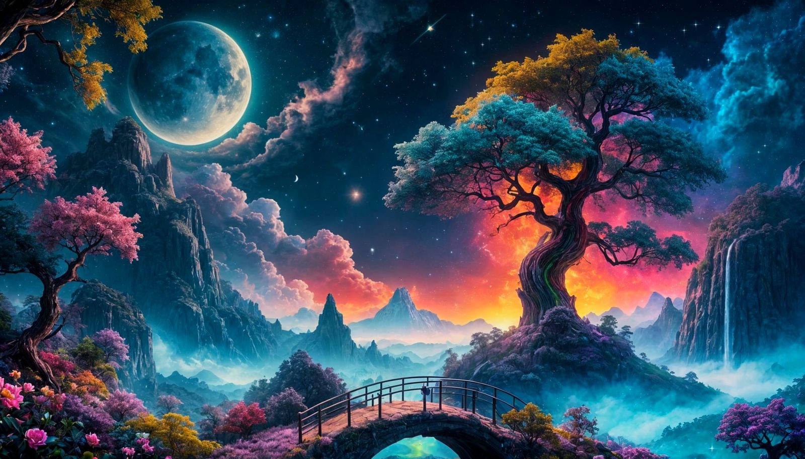 Fantasy Celestial Garden With Floating Island And Waterfall