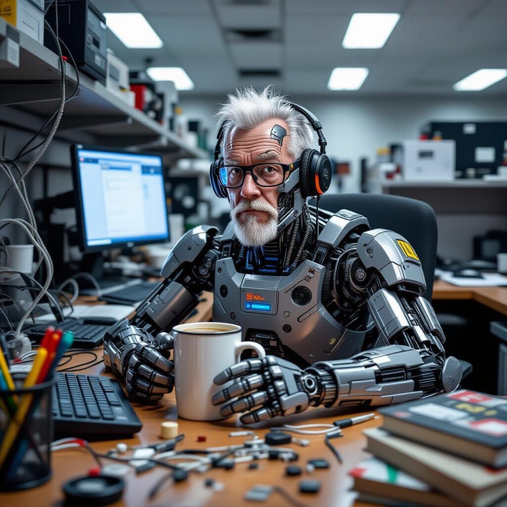 Cyborg IT Nerd in Cluttered Office Cubicle