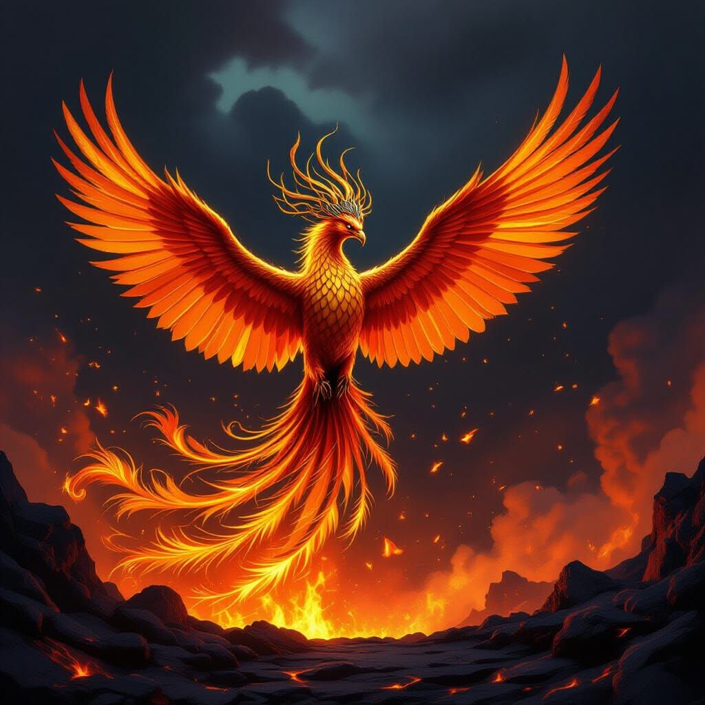 A regal phoenix, its plumage made of molten gold and shimmer...
