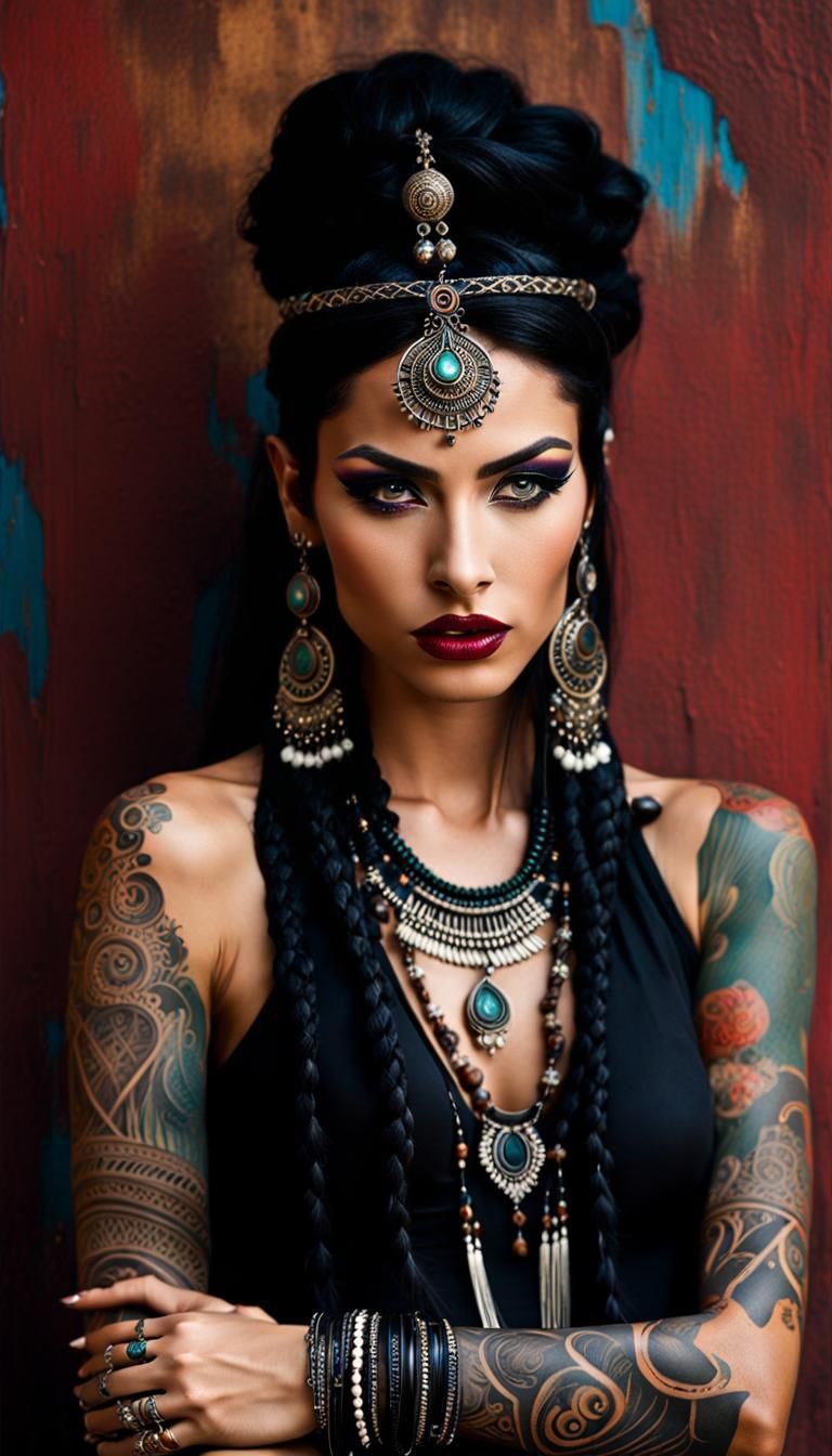 Tribal Bohemian Woman with Piercings and Tattoos