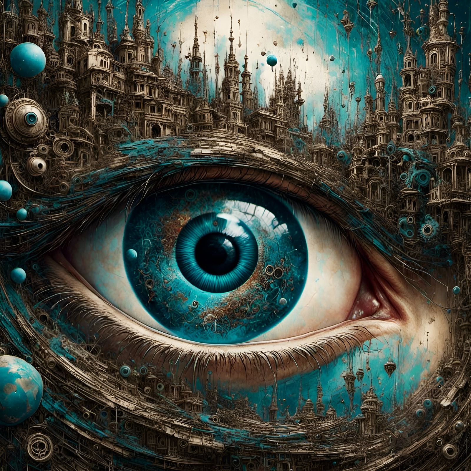 Cyborg Eye Reflecting Earth Explosion in Grunge Style