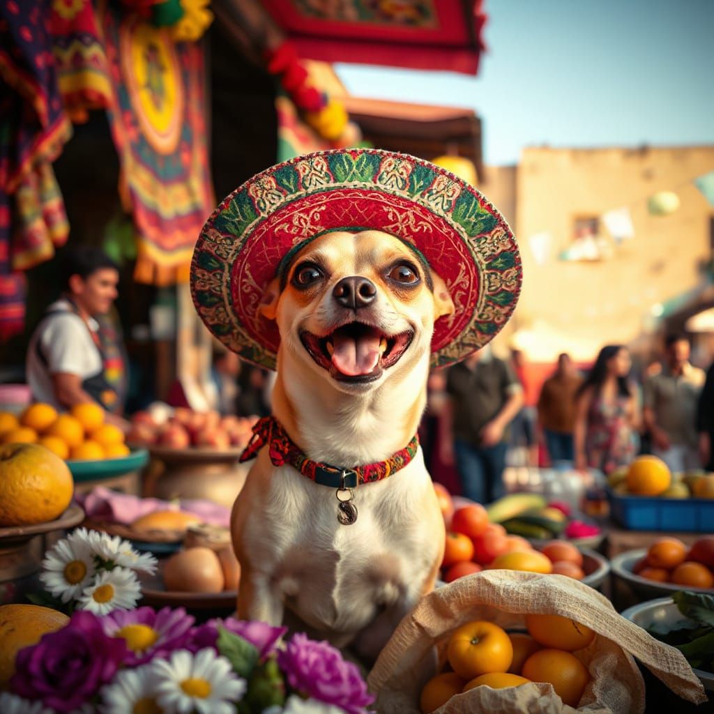Cheerful Chihuahua in Mexican Marketplace, Photorealistic St...