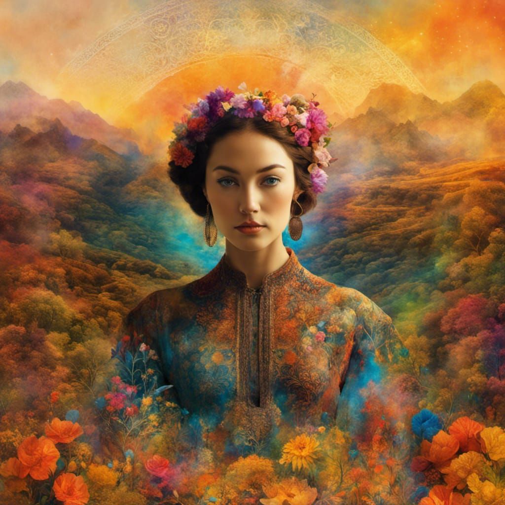 Mysterious Woman in Magical Double Exposure Landscape