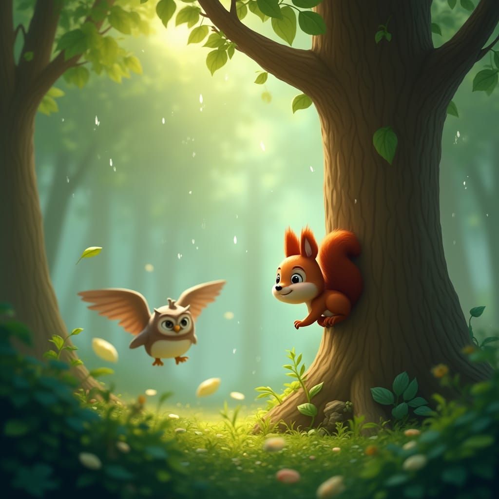 Whimsical Forest Scene with Squirrel and Owl in Gentle Rain