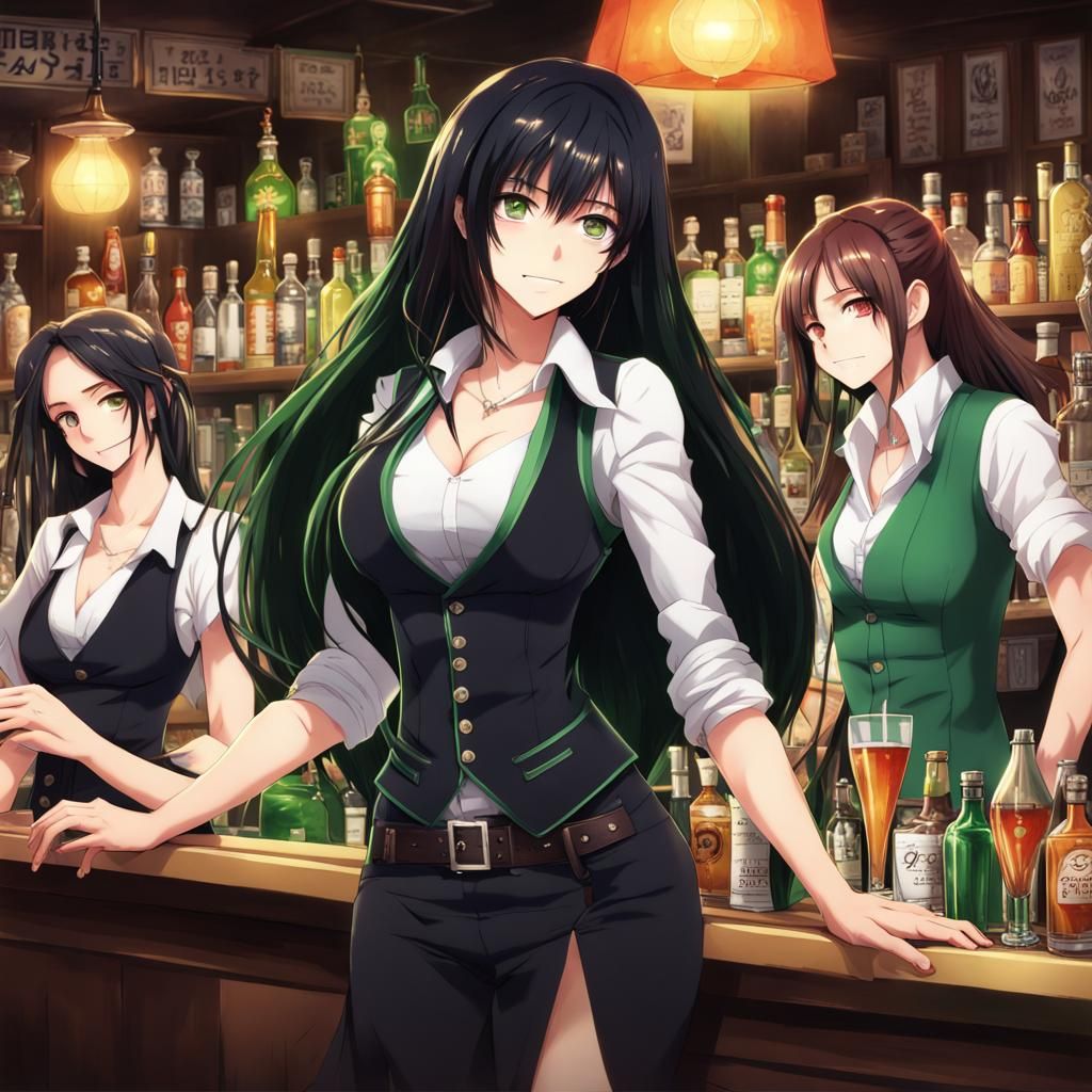 Anime Bartender with Long Hair Surrounded by Girls