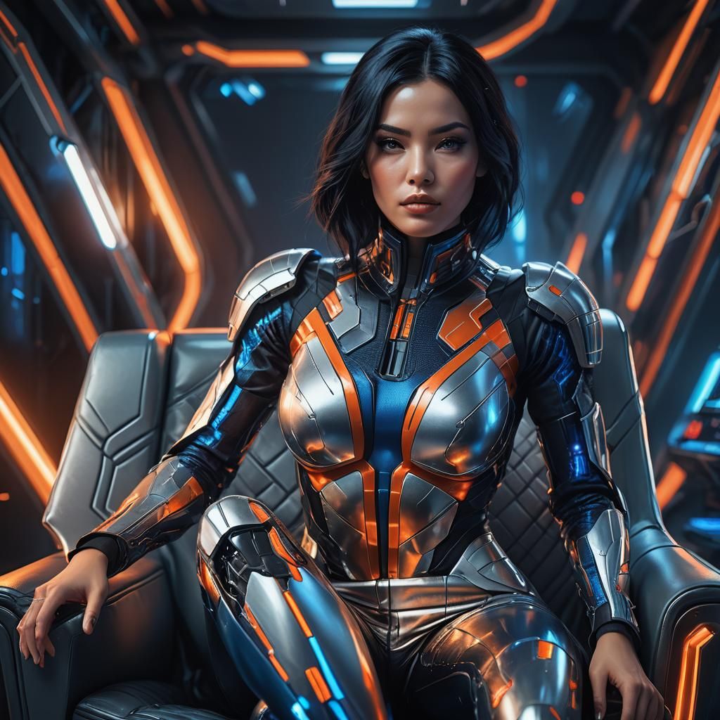 Futuristic Woman in High-Tech Living Room