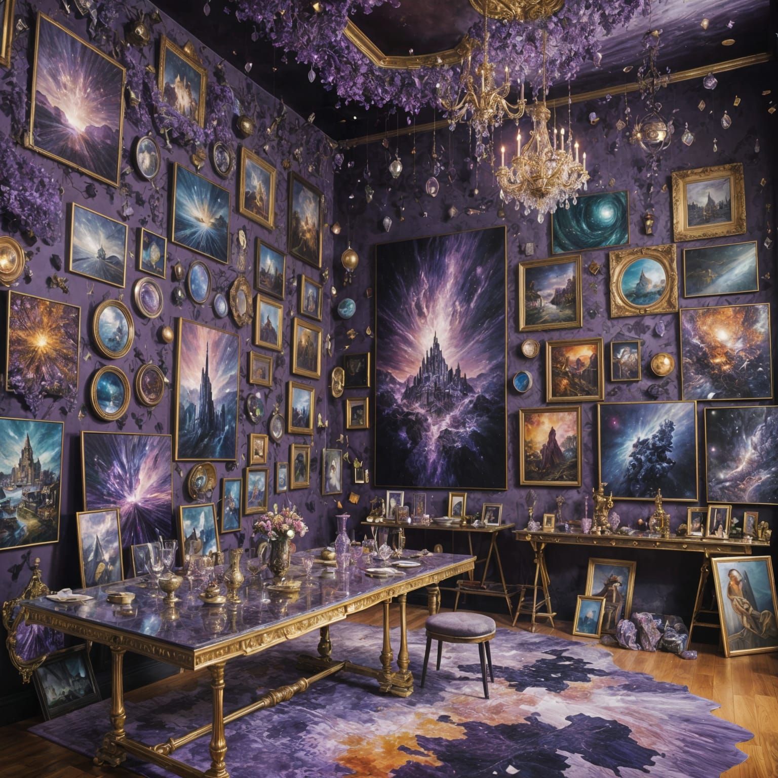 Purple Wall Art with Quartz Crystals: Digital Painting