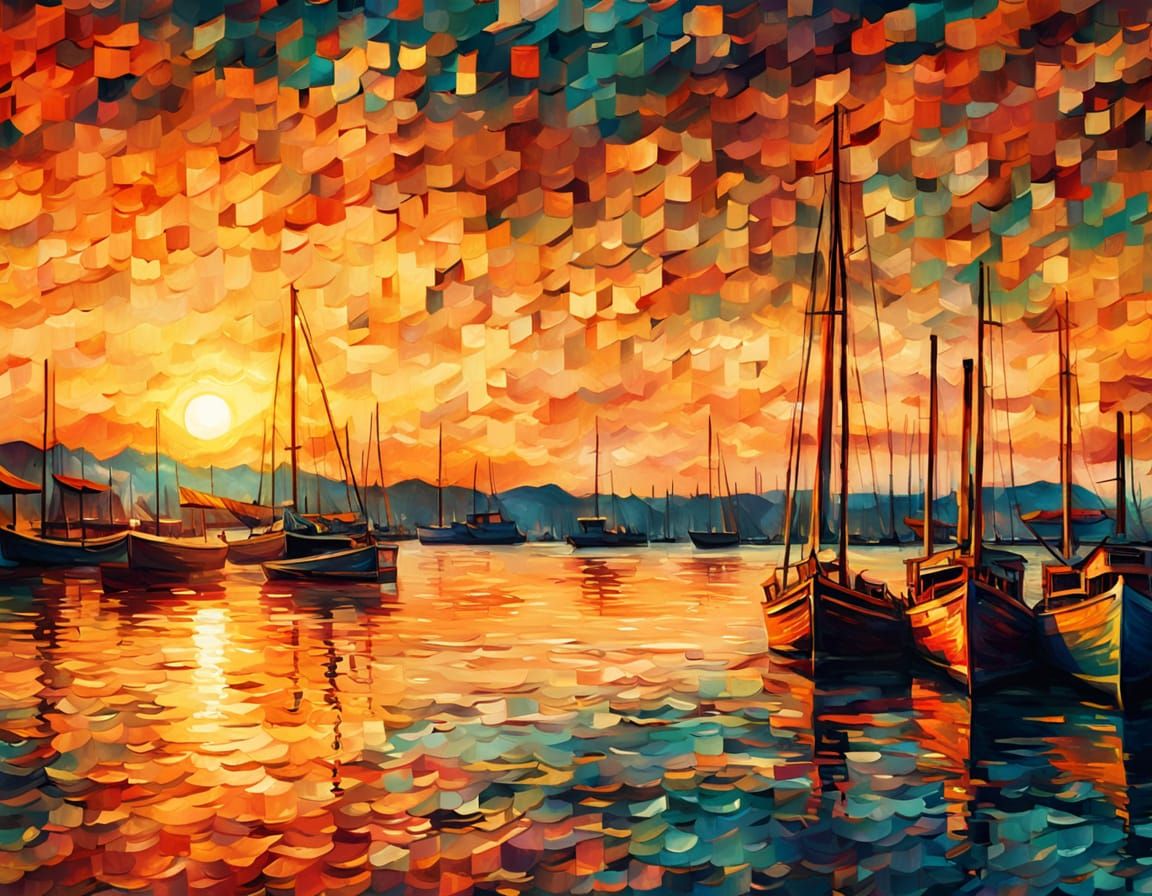 Vivid Sunset Over Bay in Impressionist Style