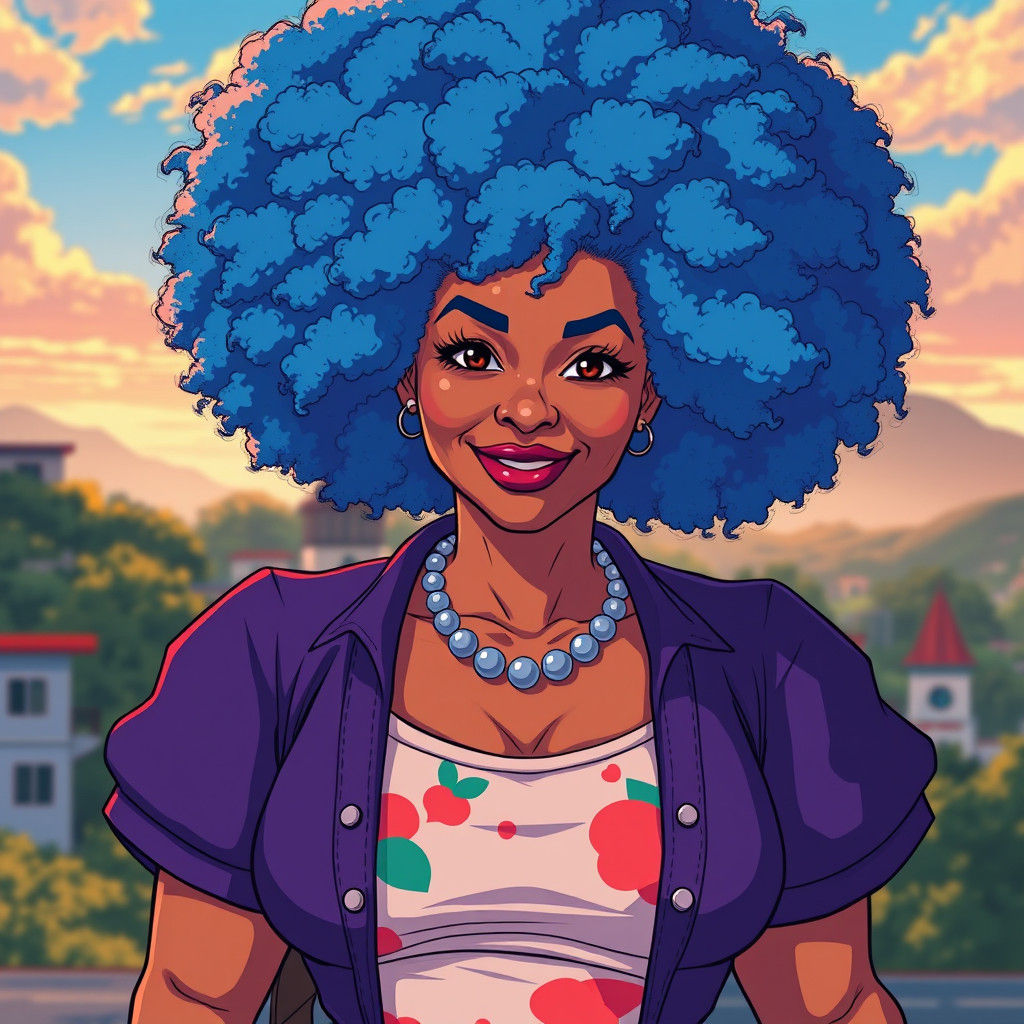 Anime-Inspired Blue Afro Portrait in Cel-Shaded Style
